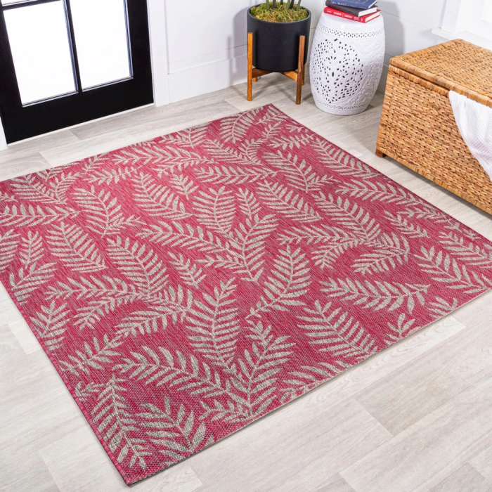 Nevis Palm Frond Fuchsia/Light Gray 5' Square Indoor/Outdoor Area Rug