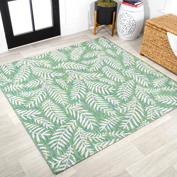 Nevis Palm Frond Cream/Green 5' Square Indoor/Outdoor Area Rug