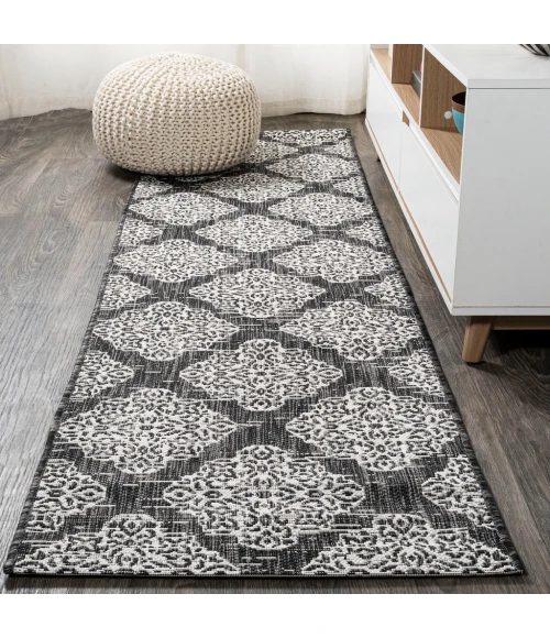 Tuscany Ornate Medallions Black/Ivory 2 ft. x 10 ft. Indoor/Outdoor Runner Rug