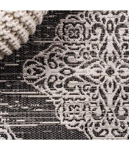 Tuscany Ornate Medallions Black/Ivory 2 ft. x 10 ft. Indoor/Outdoor Runner Rug