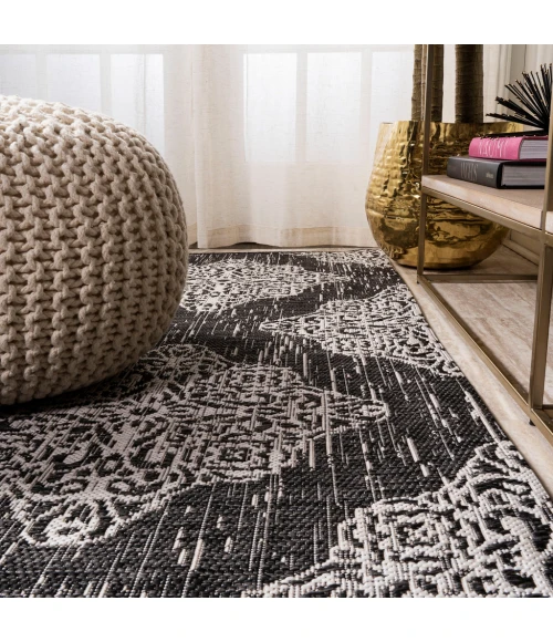 Tuscany Ornate Medallions Black/Ivory 2 ft. x 10 ft. Indoor/Outdoor Runner Rug