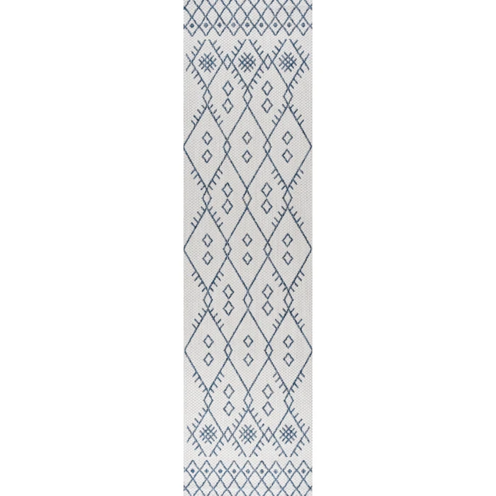Boho Moroccan Ivory/Navy 2 ft. x 8 ft. Indoor/Outdoor Runner Rug