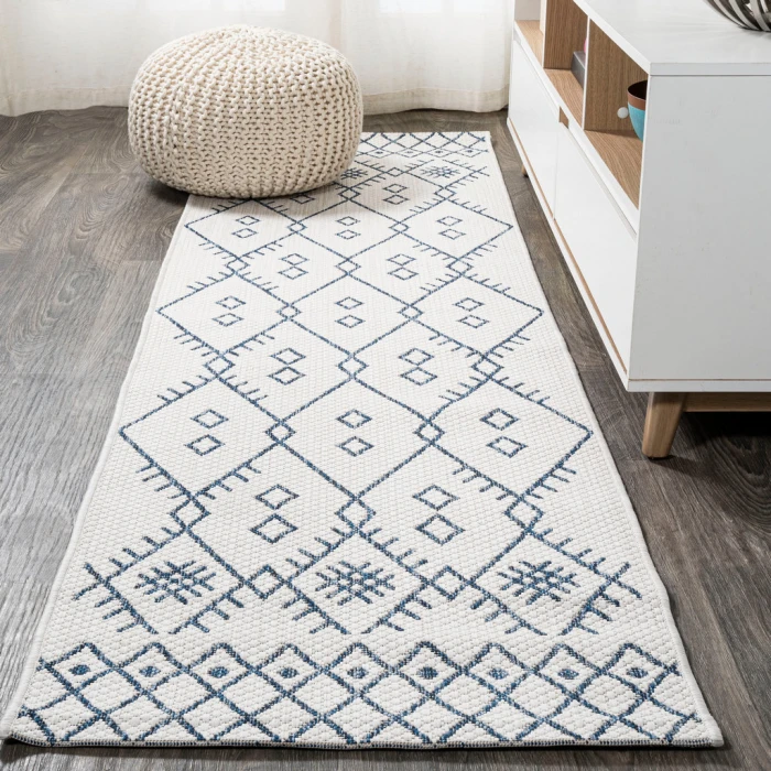 Boho Moroccan Ivory/Navy 2 ft. x 8 ft. Indoor/Outdoor Runner Rug