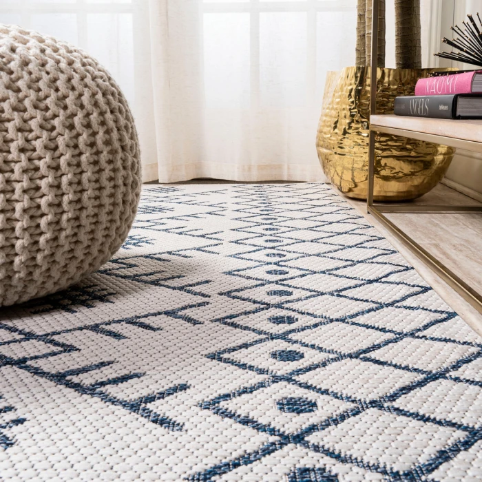 Boho Moroccan Ivory/Navy 2 ft. x 8 ft. Indoor/Outdoor Runner Rug