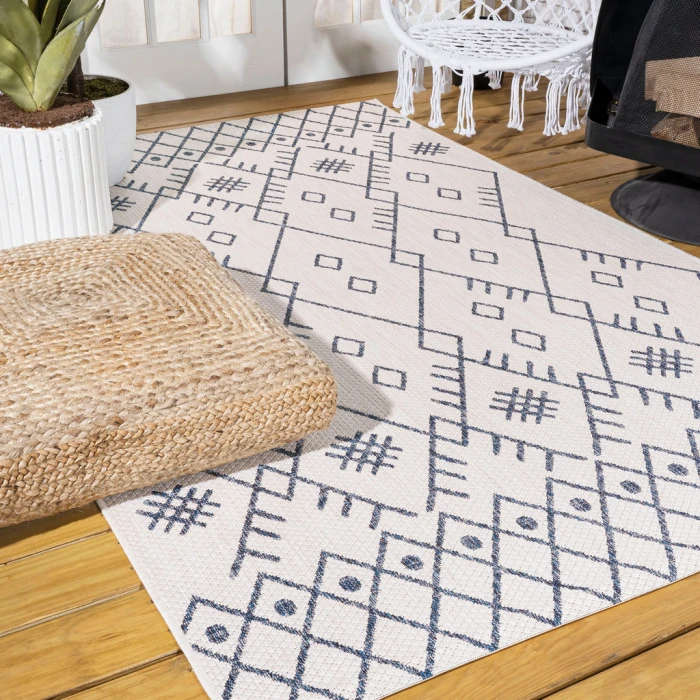 Boho Moroccan Ivory/Navy 3 ft. x 5 ft. Indoor/Outdoor Area Rug