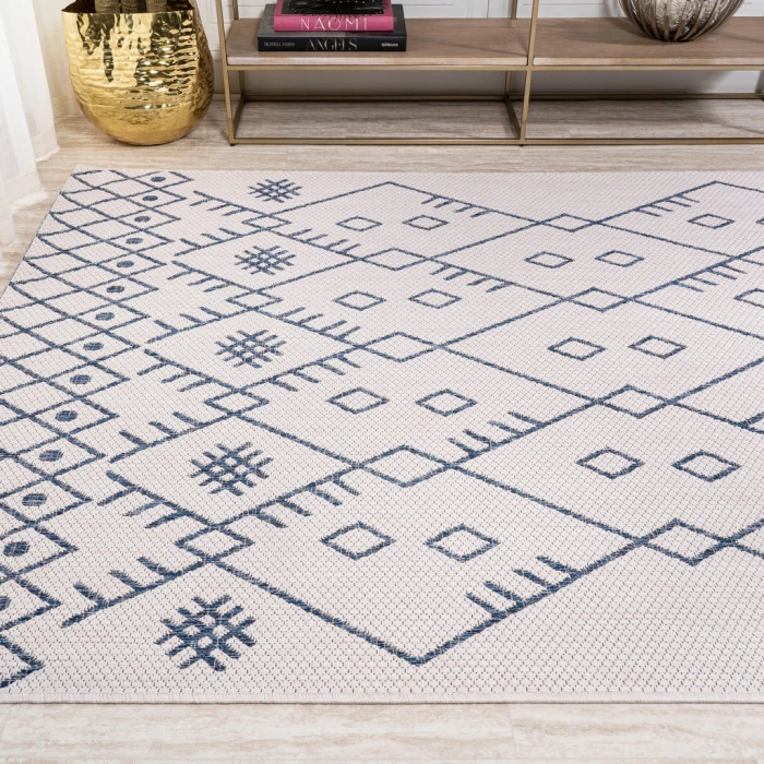 Boho Moroccan Ivory/Navy 3 ft. x 5 ft. Indoor/Outdoor Area Rug