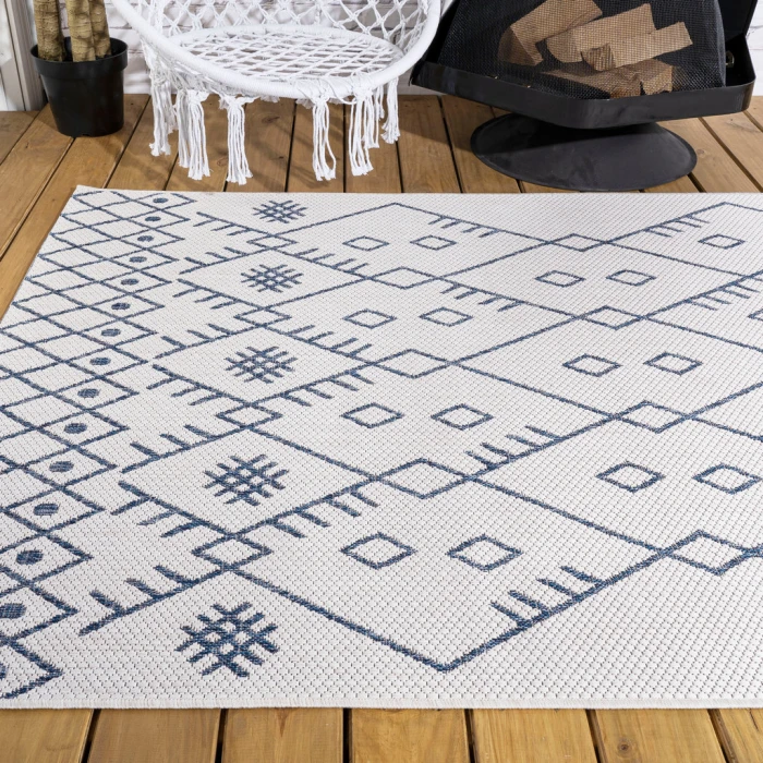 Boho Moroccan Ivory/Navy 3 ft. x 5 ft. Indoor/Outdoor Area Rug