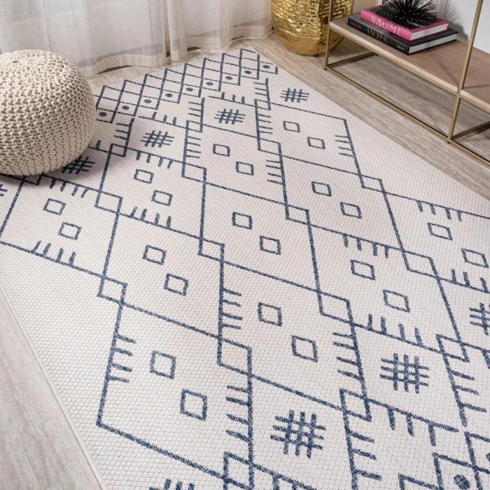 Boho Moroccan Ivory/Navy 3 ft. x 5 ft. Indoor/Outdoor Area Rug