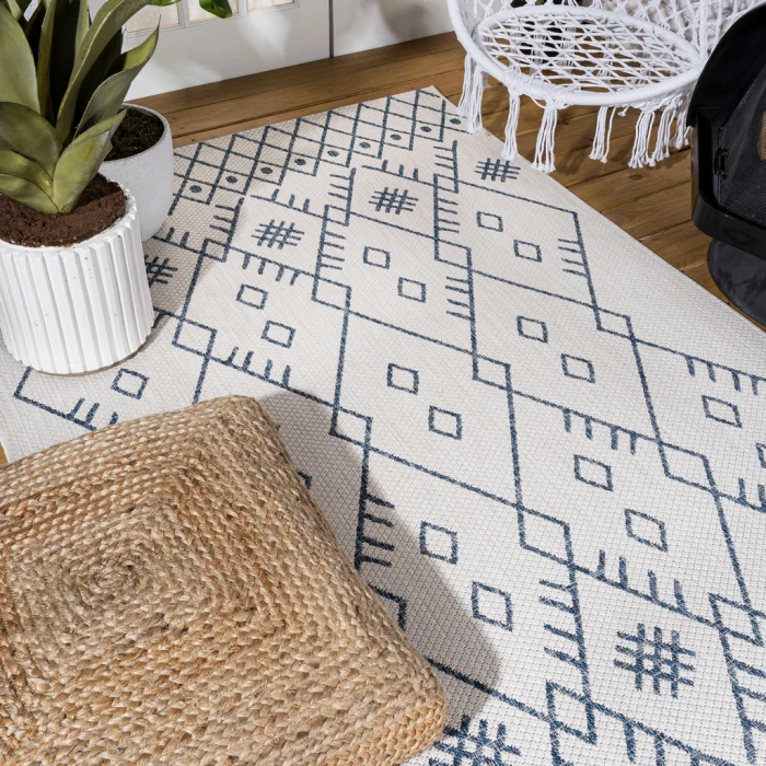 Boho Moroccan Ivory/Navy 3 ft. x 5 ft. Indoor/Outdoor Area Rug