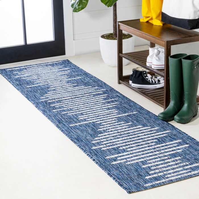 Zolak Berber Stripe Geometric Blue/Ivory 2 ft. x 8 ft. Indoor/Outdoor Runner Rug