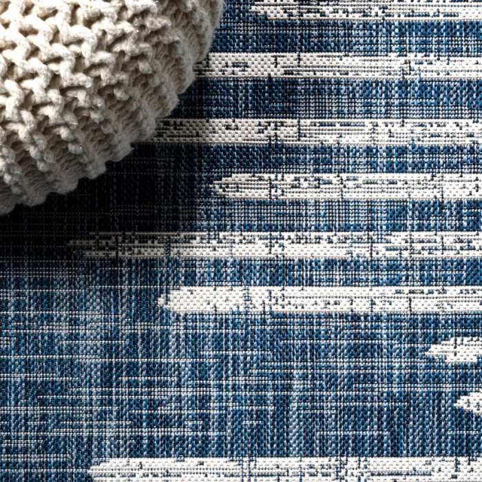 Zolak Berber Stripe Geometric Blue/Ivory 2 ft. x 8 ft. Indoor/Outdoor Runner Rug