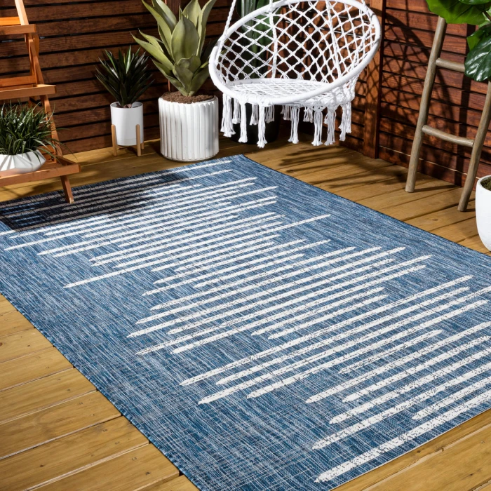 Zolak Berber Stripe Geometric Blue/Ivory 8 ft. x 10 ft. Indoor/Outdoor Area Rug