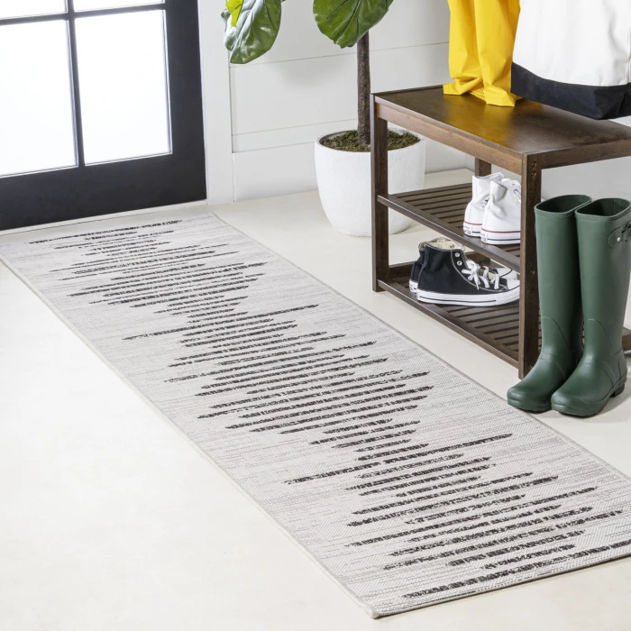 Zolak Berber Stripe Geometric Ivory/Black 2 ft. x 10 ft. Indoor/Outdoor Runner Rug