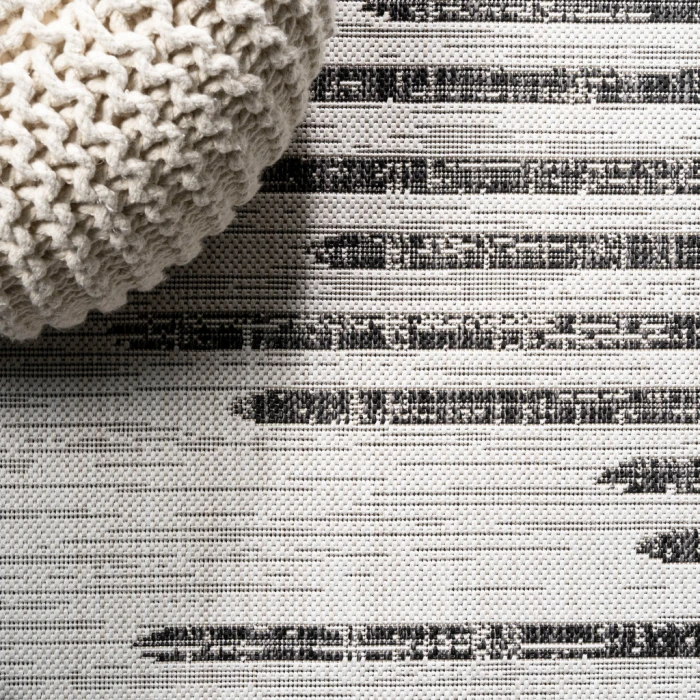 Zolak Berber Stripe Geometric Ivory/Black 2 ft. x 10 ft. Indoor/Outdoor Runner Rug
