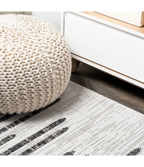 Zolak Berber Stripe Geometric Ivory/Black 2 ft. x 10 ft. Indoor/Outdoor Runner Rug
