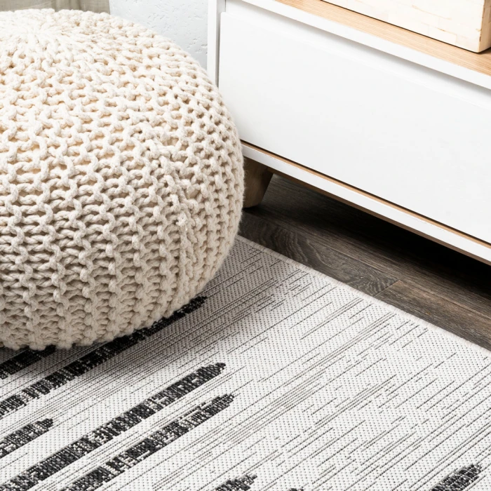 Zolak Berber Stripe Geometric Ivory/Black 2 ft. x 10 ft. Indoor/Outdoor Runner Rug