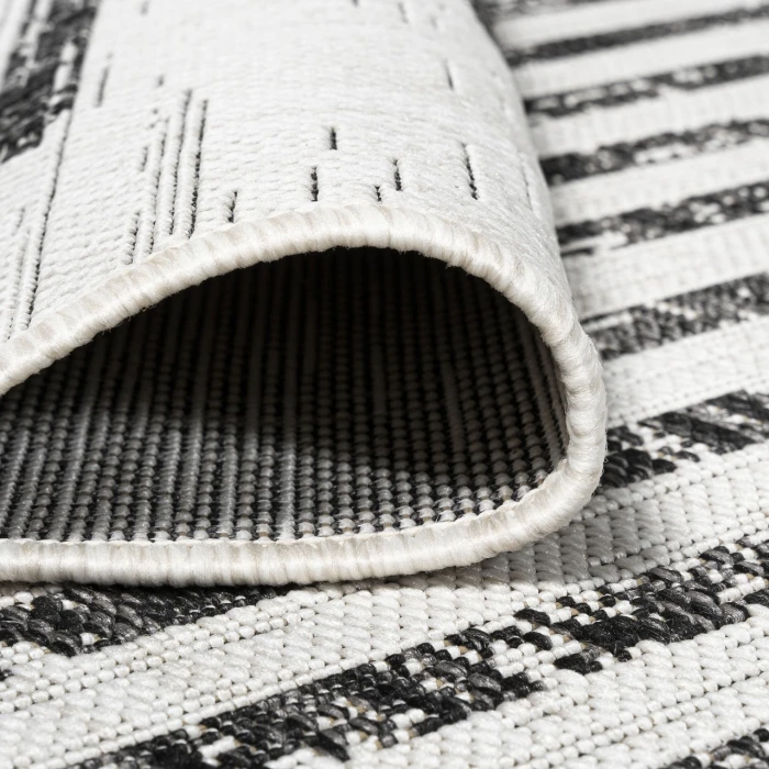 Zolak Berber Stripe Geometric Ivory/Black 2 ft. x 10 ft. Indoor/Outdoor Runner Rug
