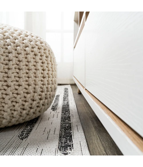 Zolak Berber Stripe Geometric Ivory/Black 2 ft. x 10 ft. Indoor/Outdoor Runner Rug