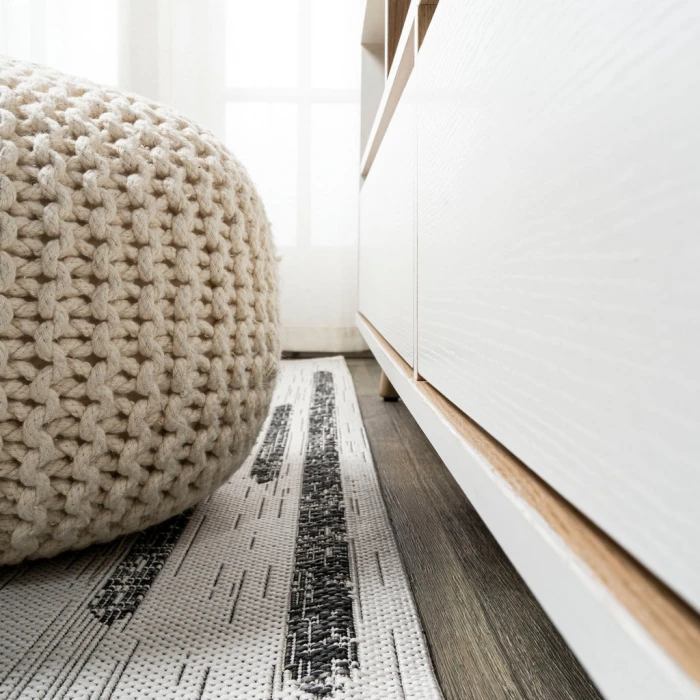 Zolak Berber Stripe Geometric Ivory/Black 2 ft. x 10 ft. Indoor/Outdoor Runner Rug
