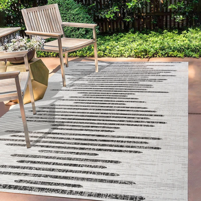 Zolak Berber Stripe Geometric Ivory/Black 5 ft. x 8 ft. Indoor/Outdoor Area Rug