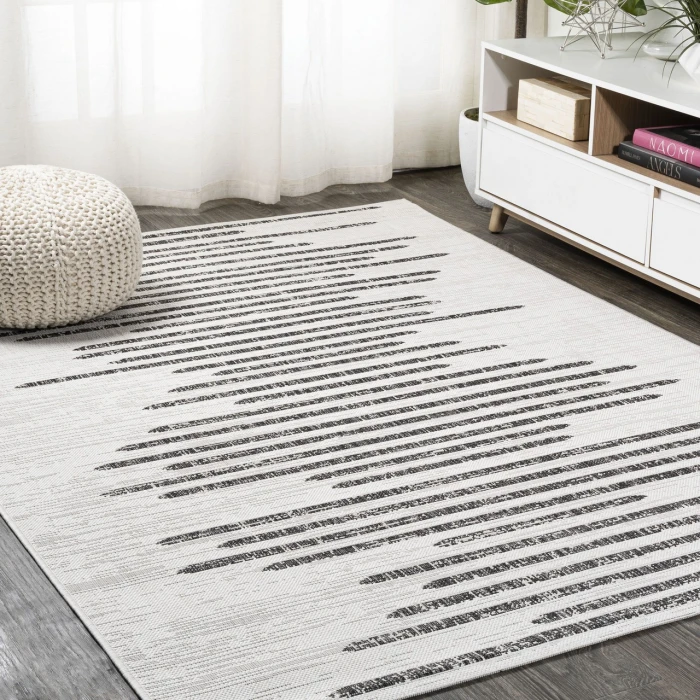Zolak Berber Stripe Geometric Ivory/Black 5 ft. x 8 ft. Indoor/Outdoor Area Rug