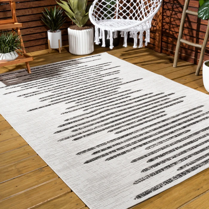 Zolak Berber Stripe Geometric Ivory/Black 5 ft. x 8 ft. Indoor/Outdoor Area Rug