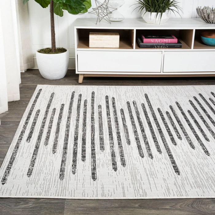 Zolak Berber Stripe Geometric Ivory/Black 5 ft. x 8 ft. Indoor/Outdoor Area Rug