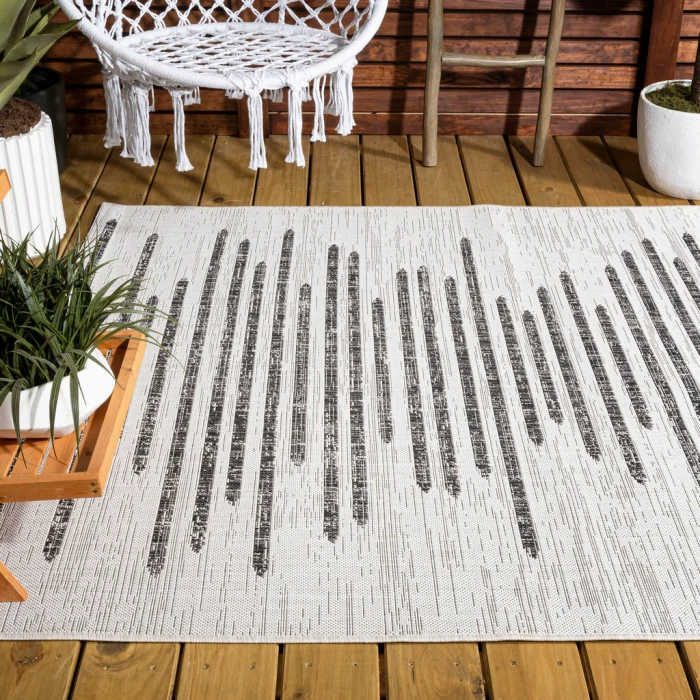Zolak Berber Stripe Geometric Ivory/Black 5 ft. x 8 ft. Indoor/Outdoor Area Rug
