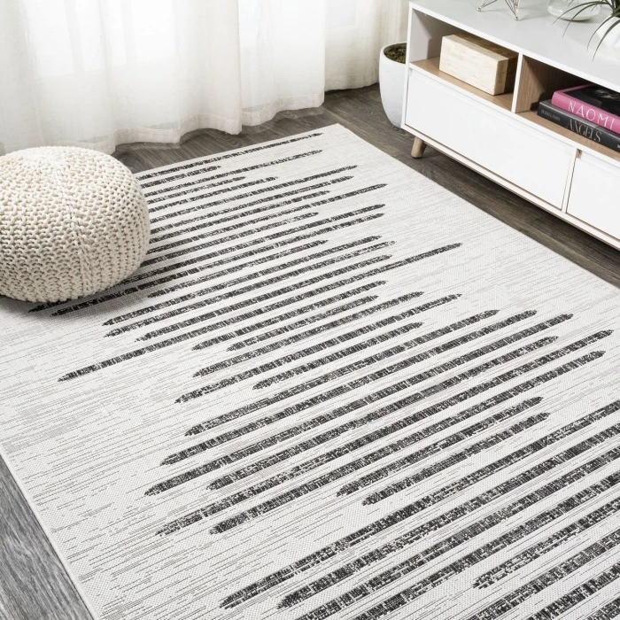 Zolak Berber Stripe Geometric Ivory/Black 5 ft. x 8 ft. Indoor/Outdoor Area Rug