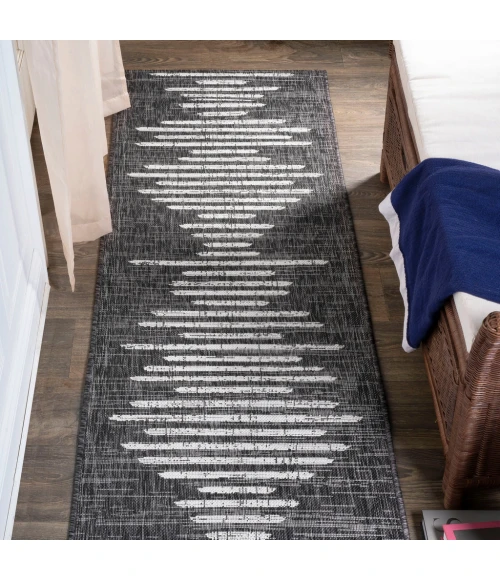 Zolak Berber Stripe Geometric Black/Ivory 2 ft. x 10 ft. Indoor/Outdoor Runner Rug