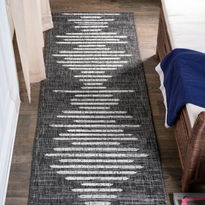 Zolak Berber Stripe Geometric Black/Ivory 2 ft. x 10 ft. Indoor/Outdoor Runner Rug