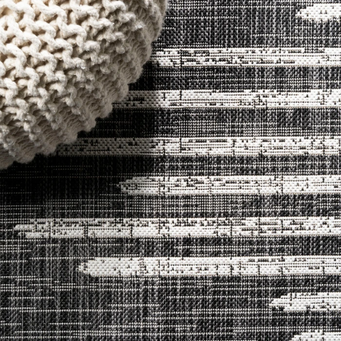 Zolak Berber Stripe Geometric Black/Ivory 2 ft. x 10 ft. Indoor/Outdoor Runner Rug