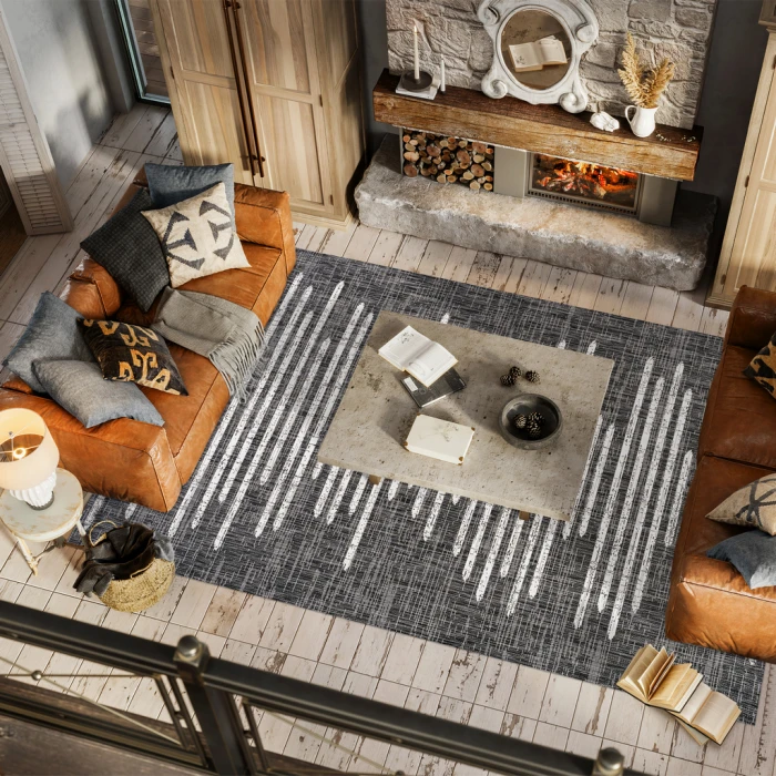 Zolak Berber Stripe Geometric Black/Ivory 5 ft. x 8 ft. Indoor/Outdoor Area Rug