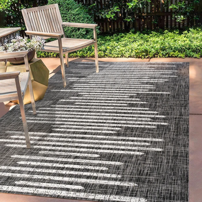 Zolak Berber Stripe Geometric Black/Ivory 5 ft. x 8 ft. Indoor/Outdoor Area Rug
