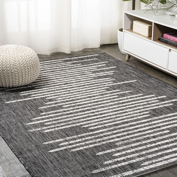 Zolak Berber Stripe Geometric Black/Ivory 5 ft. x 8 ft. Indoor/Outdoor Area Rug