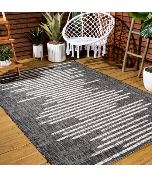 Zolak Berber Stripe Geometric Black/Ivory 5 ft. x 8 ft. Indoor/Outdoor Area Rug