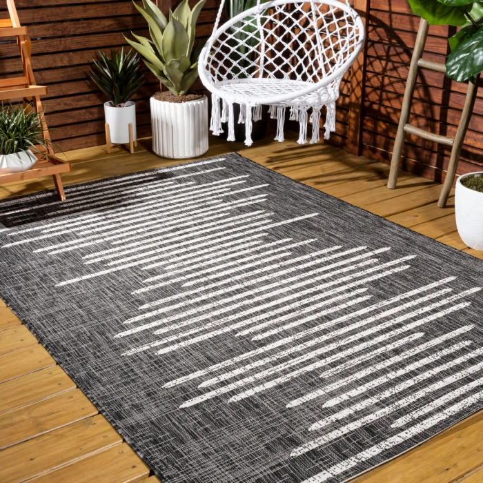 Zolak Berber Stripe Geometric Black/Ivory 5 ft. x 8 ft. Indoor/Outdoor Area Rug
