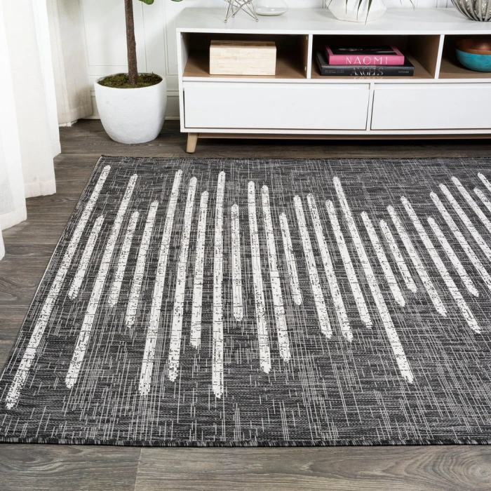 Zolak Berber Stripe Geometric Black/Ivory 5 ft. x 8 ft. Indoor/Outdoor Area Rug
