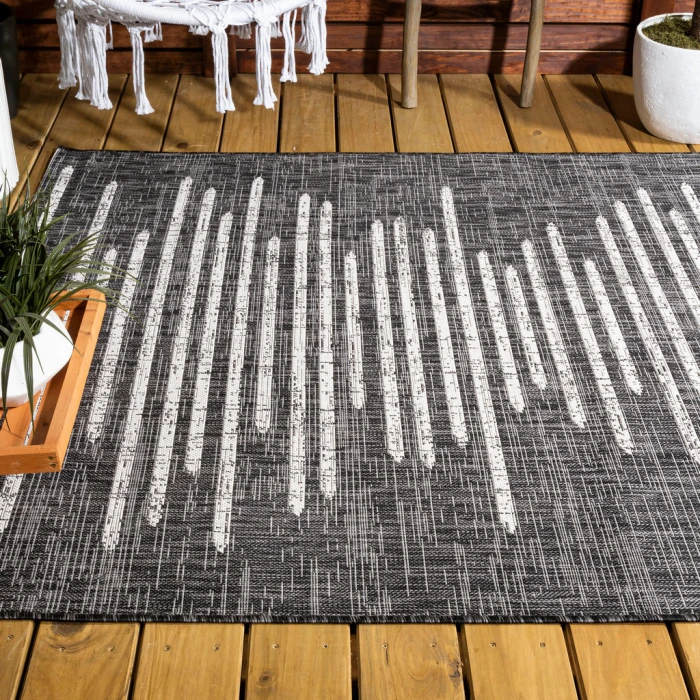 Zolak Berber Stripe Geometric Black/Ivory 5 ft. x 8 ft. Indoor/Outdoor Area Rug