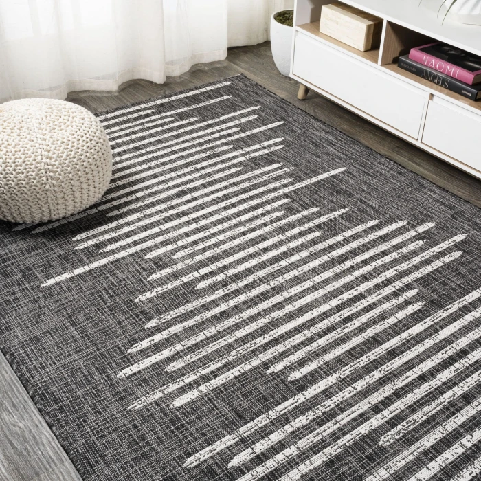 Zolak Berber Stripe Geometric Black/Ivory 5 ft. x 8 ft. Indoor/Outdoor Area Rug