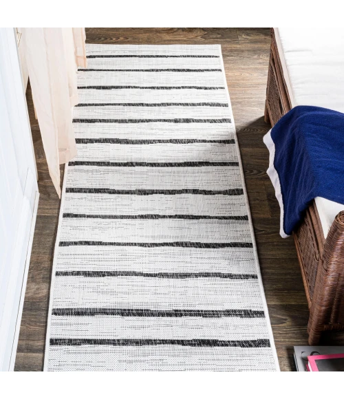 Colonia Berber Stripe Ivory/Black 2 ft. x 10 ft. Indoor/Outdoor Runner Rug
