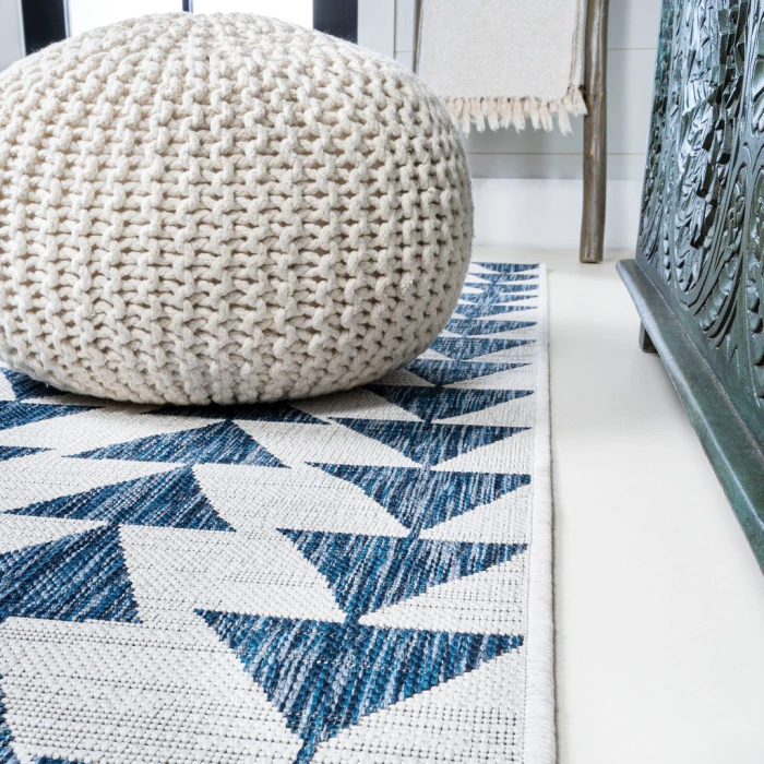 Andratx Modern Tribal Geometric Blue/Ivory 2 ft. x 10 ft. Indoor/Outdoor Runner Rug