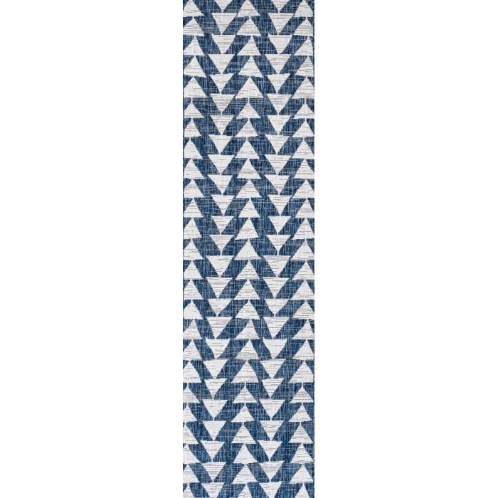 Andratx Modern Tribal Geometric Ivory/Blue 2 ft. x 10 ft. Indoor/Outdoor Runner Rug