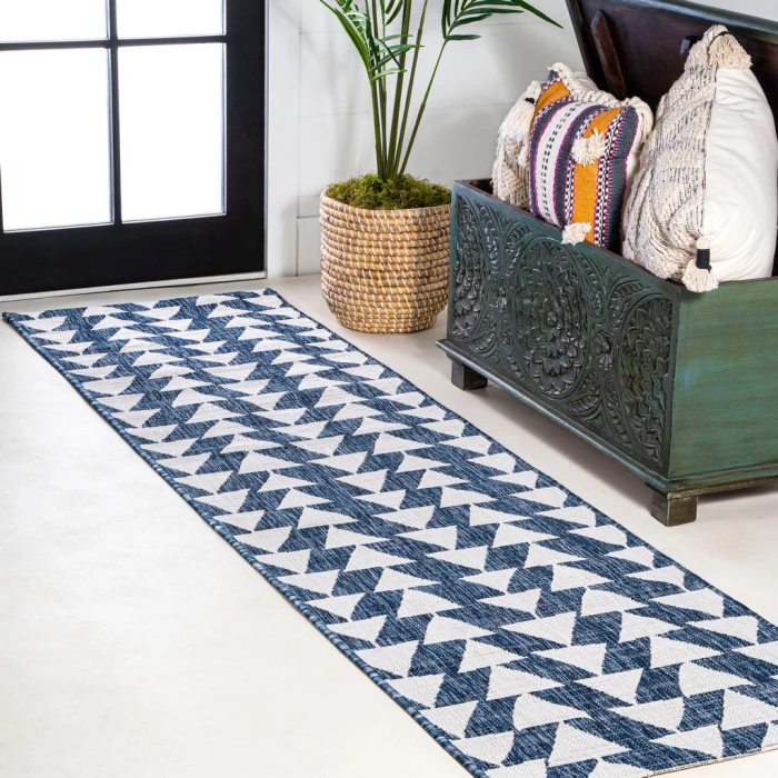 Andratx Modern Tribal Geometric Ivory/Blue 2 ft. x 10 ft. Indoor/Outdoor Runner Rug