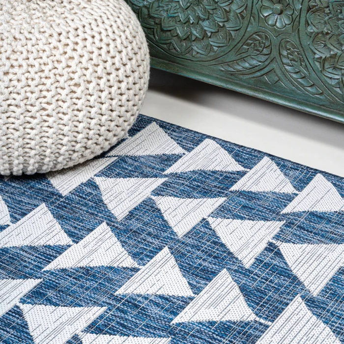 Andratx Modern Tribal Geometric Ivory/Blue 2 ft. x 10 ft. Indoor/Outdoor Runner Rug