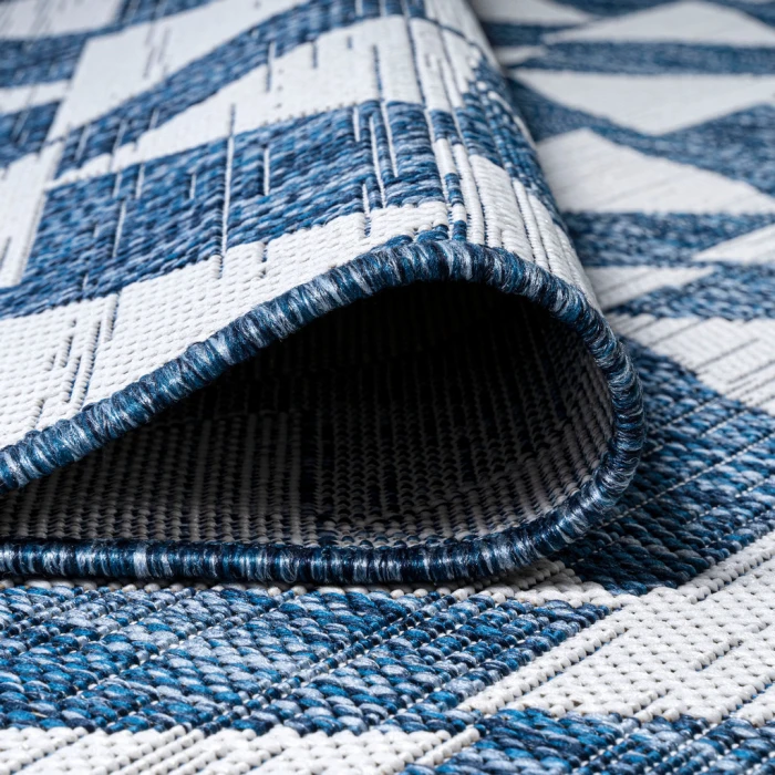 Andratx Modern Tribal Geometric Ivory/Blue 2 ft. x 10 ft. Indoor/Outdoor Runner Rug