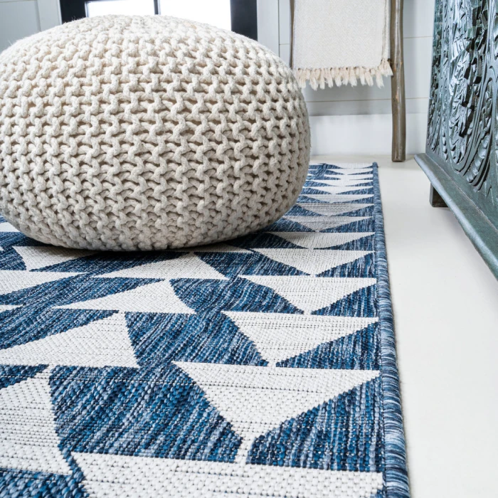 Andratx Modern Tribal Geometric Ivory/Blue 2 ft. x 10 ft. Indoor/Outdoor Runner Rug