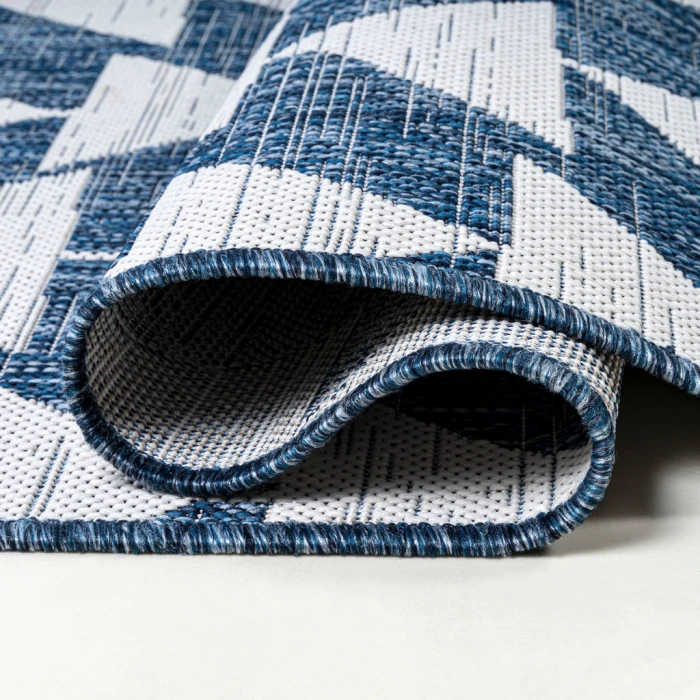 Andratx Modern Tribal Geometric Ivory/Blue 2 ft. x 10 ft. Indoor/Outdoor Runner Rug