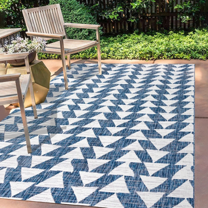 Andratx Modern Tribal Geometric Ivory/Blue 8 ft. x 10 ft. Indoor/Outdoor Area Rug