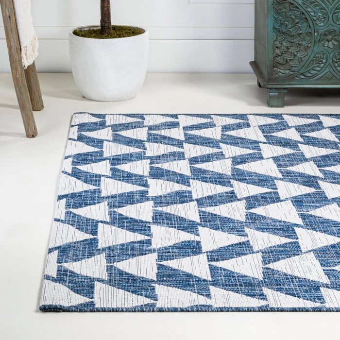 Andratx Modern Tribal Geometric Ivory/Blue 8 ft. x 10 ft. Indoor/Outdoor Area Rug